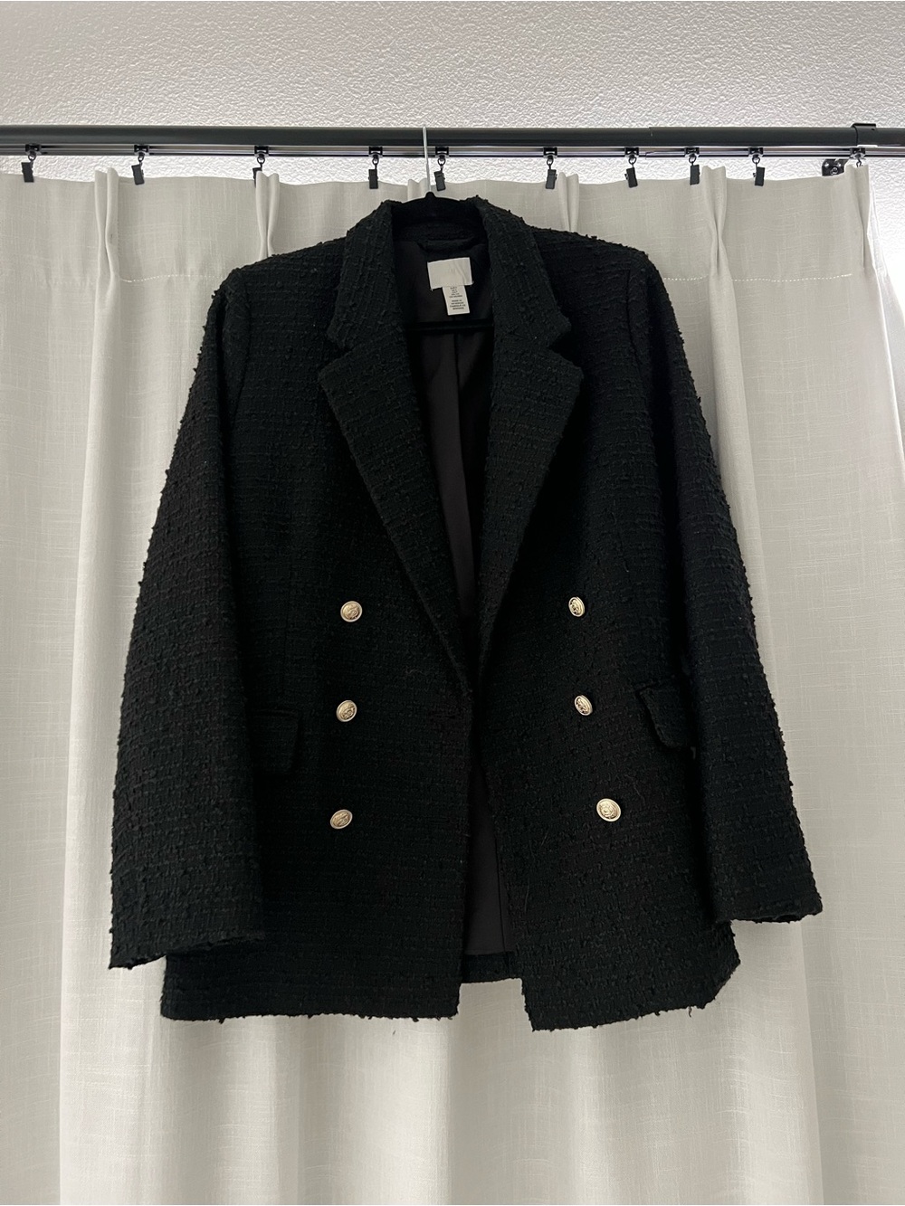 H&M Black Double-Breasted Tweed Blazer with Gold Buttons